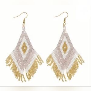 Chic Gold and White Beaded Fringe Earrings